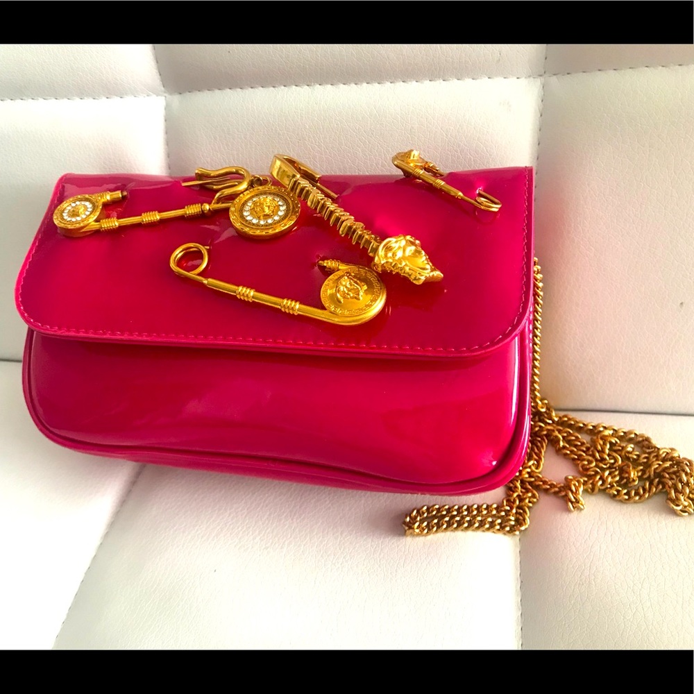 Versace patent safety pin crossbody bag